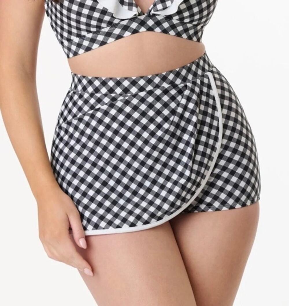 Unique Vintage Black & White Gingham High Waist Skort Bikini Bottom M NWOT - Picture 1 of 6